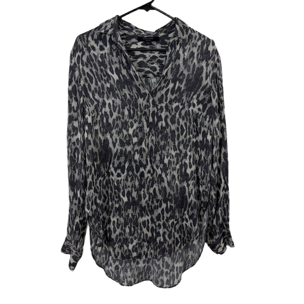 AllSaints Top Womens Medium Grey Keri Leopard Top Print Hi Low Hem Button Cuff